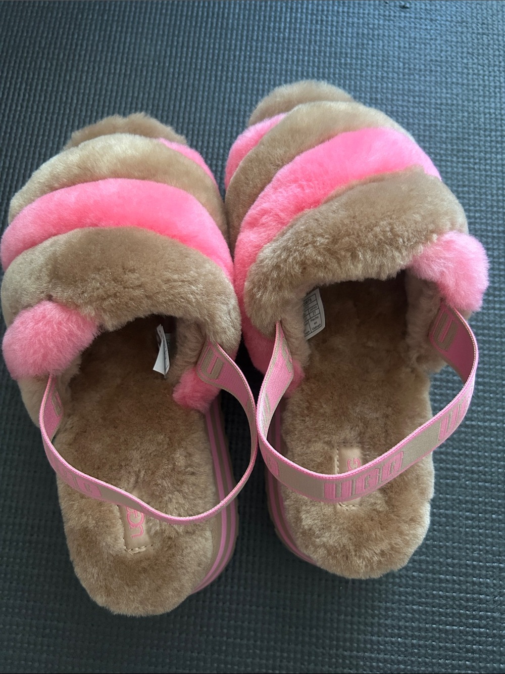 UGG Pink & Chestnut Shearling Logo Slide Sandals